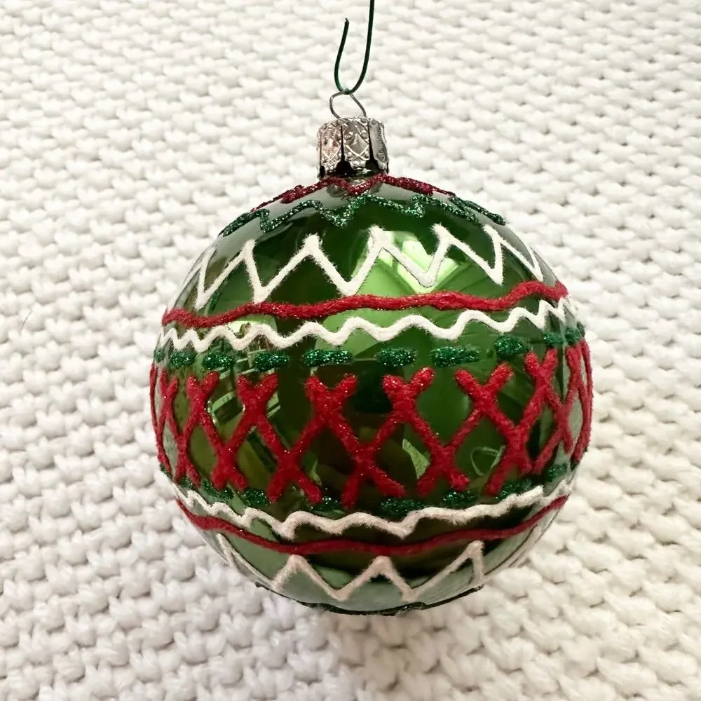 Bundle Lot Large 4 Round Orb Ornaments Red Green Nutcracker Soldier Fair Isle